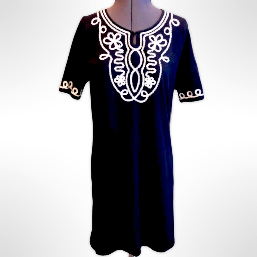Jones New York Signature Stretch Black Cotton Soutache Trim Dress